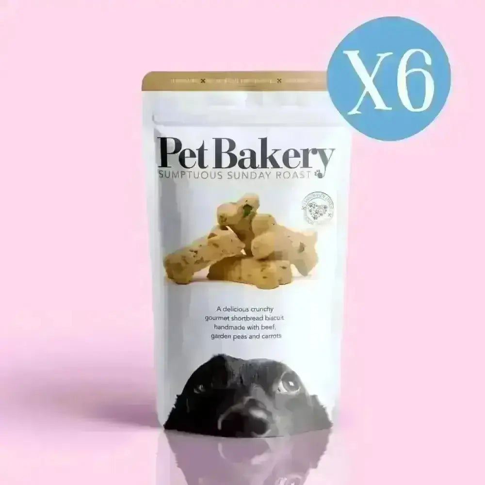 Pet Bakery Sunday Roast Bones box of 6 with black dog image and bakery Sunday label