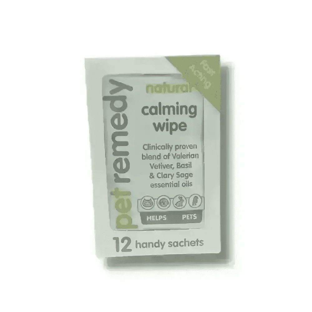 Pet Remedy Natural Calming Wipes box with green white design and 12 sachets