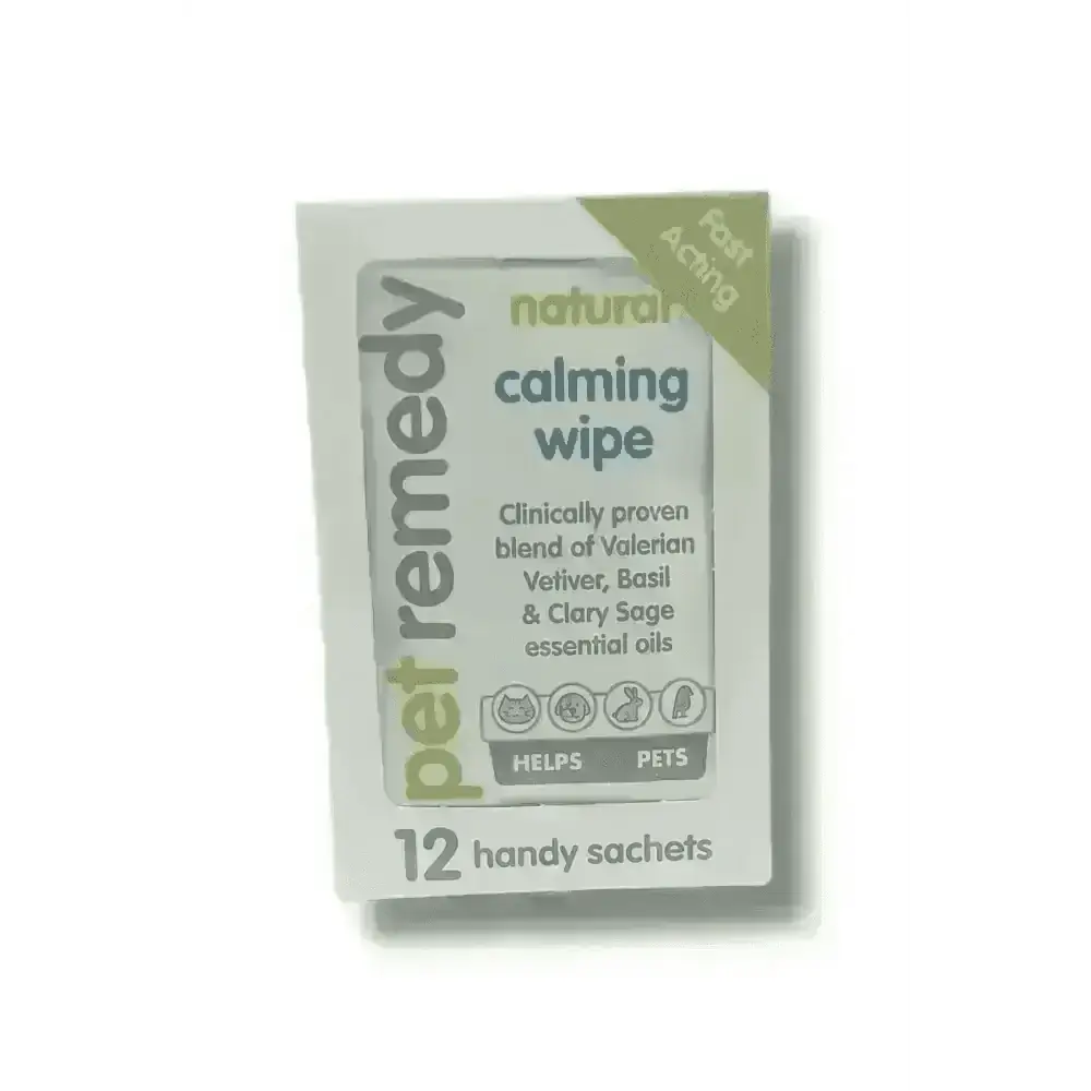 Pet Remedy Natural Calming Wipes box with green white design and 12 sachets