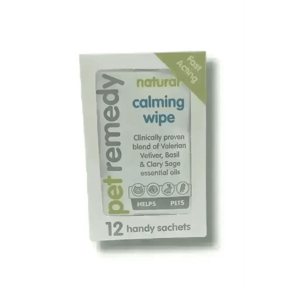 Pet Remedy Natural Calming Wipes box with green white design and 12 sachets