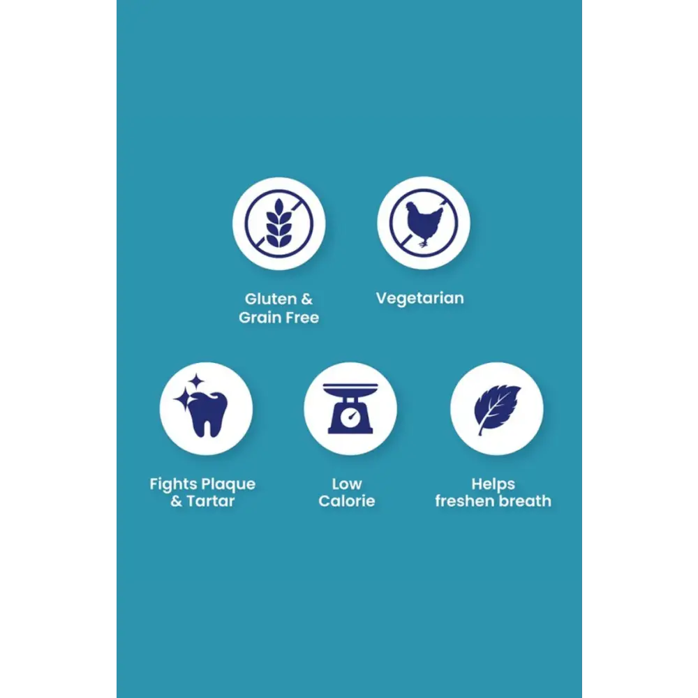 Petello Nobblys dental chews vegetarian bag, gluten-free, grain-free, blue background