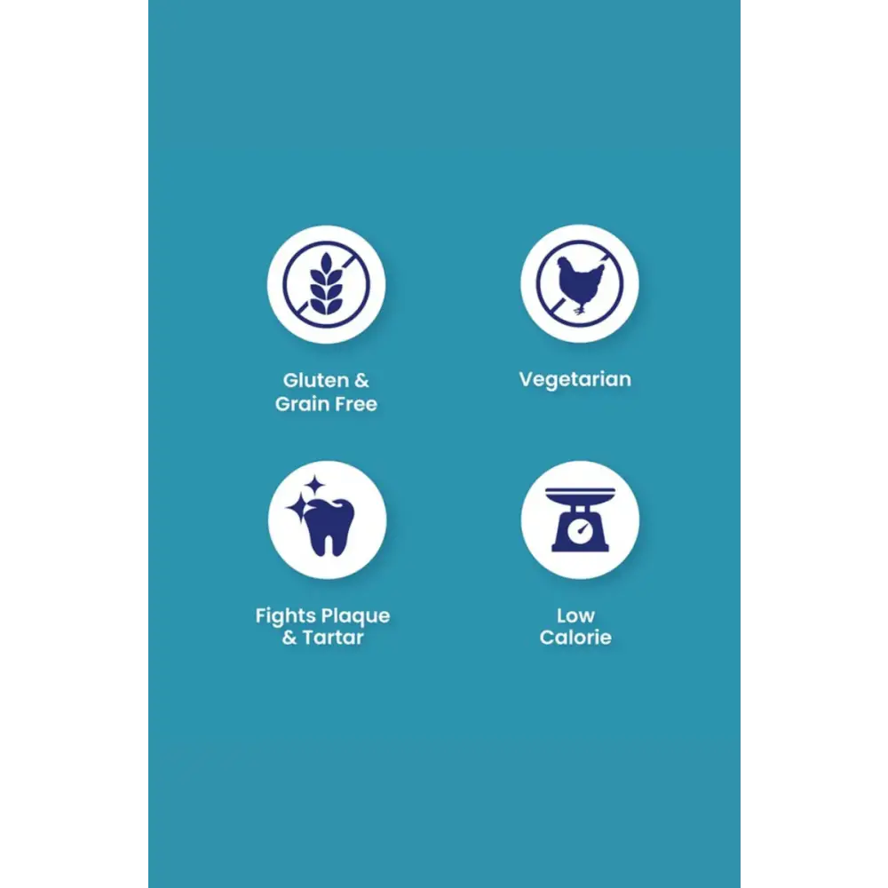 Blue circular icons with white borders and black text on teal background for Petello Nobblys Dental Peanut Butter 80g