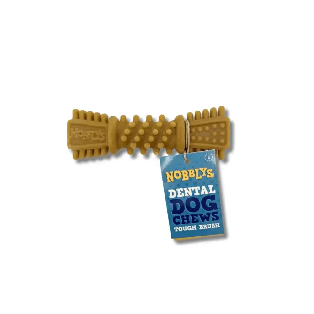Petello Nobblys Tough Brush peanut butter dog chew toy with textured surface and brown color