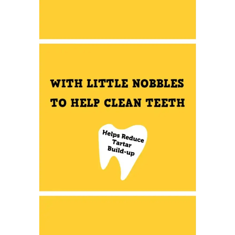 Yellow toothbrush with white bristles and green accents from Petello Nobblys Tough Brush Peanut Butter Box