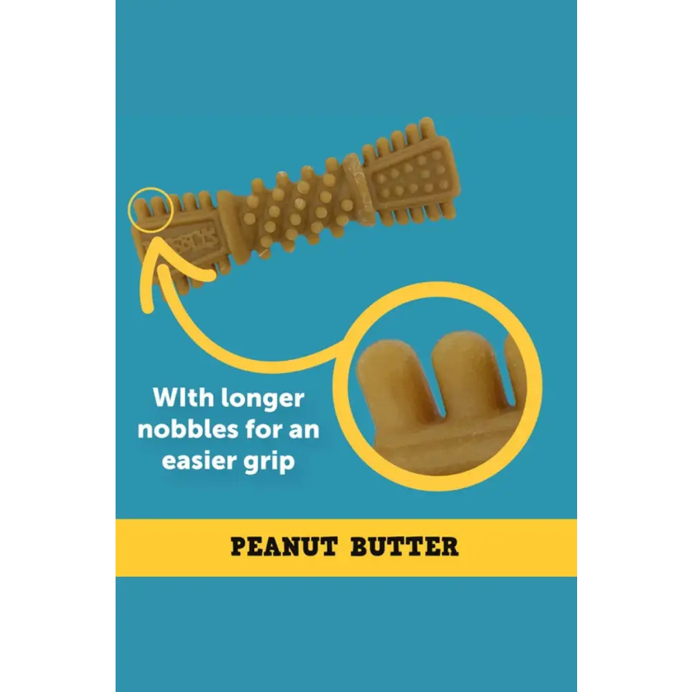 Petello Nobblys Tough Brush peanut butter dog chew toy with textured grip and nozzles