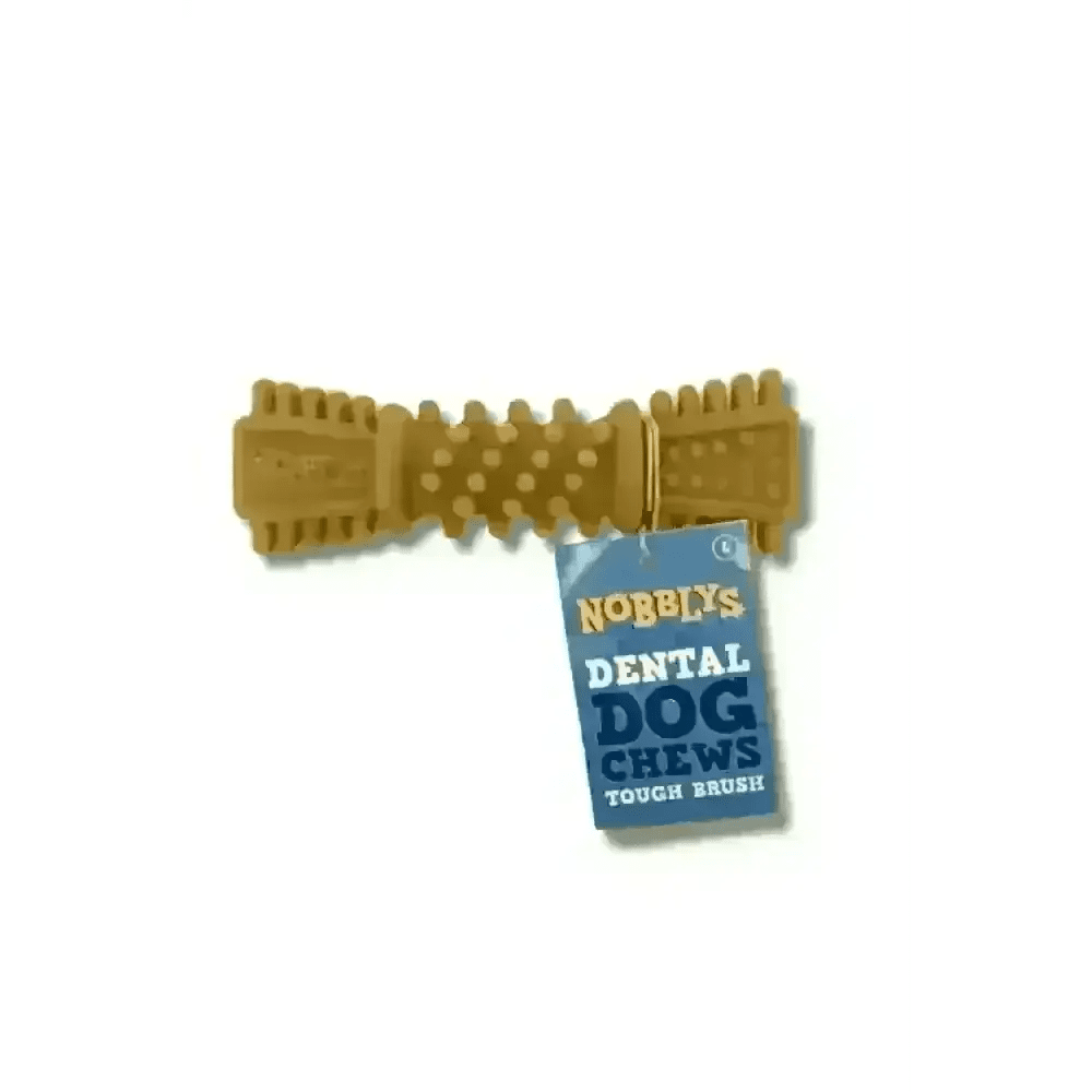 Petello Nobblys Tough Brush Peanut Butter dental dog toy with textured surface in brown