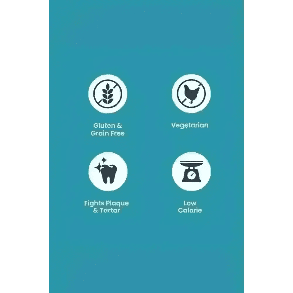 Blue circular icons with white borders and black text on teal background for Petello Nobblys Dental Peanut Butter 80g