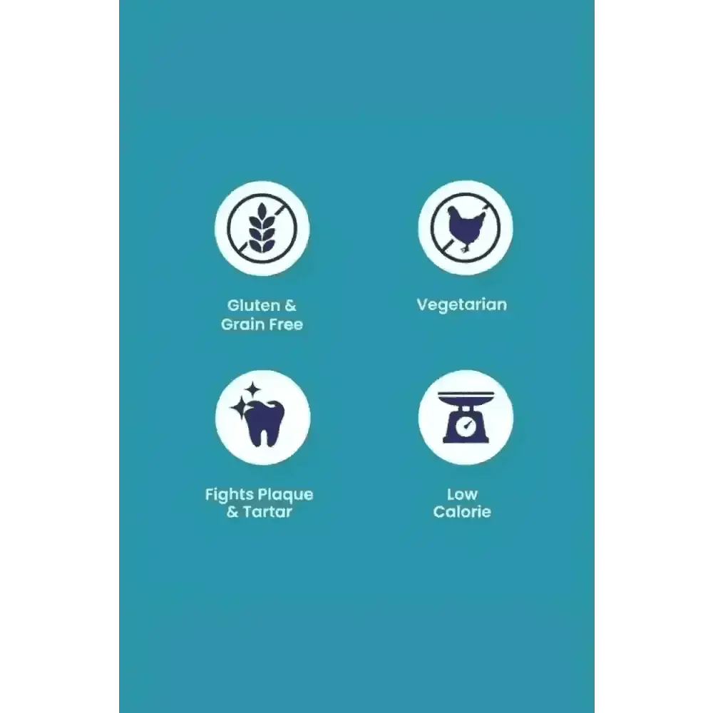 Blue circular icons with white borders and black text on teal background for Petello Nobblys Dental Peanut Butter 80g