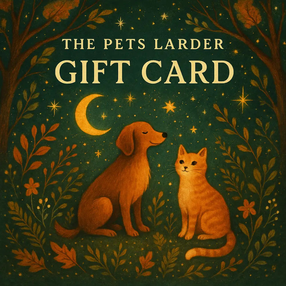 Pets Larder gift card with dog, cat, moon and stars on green background