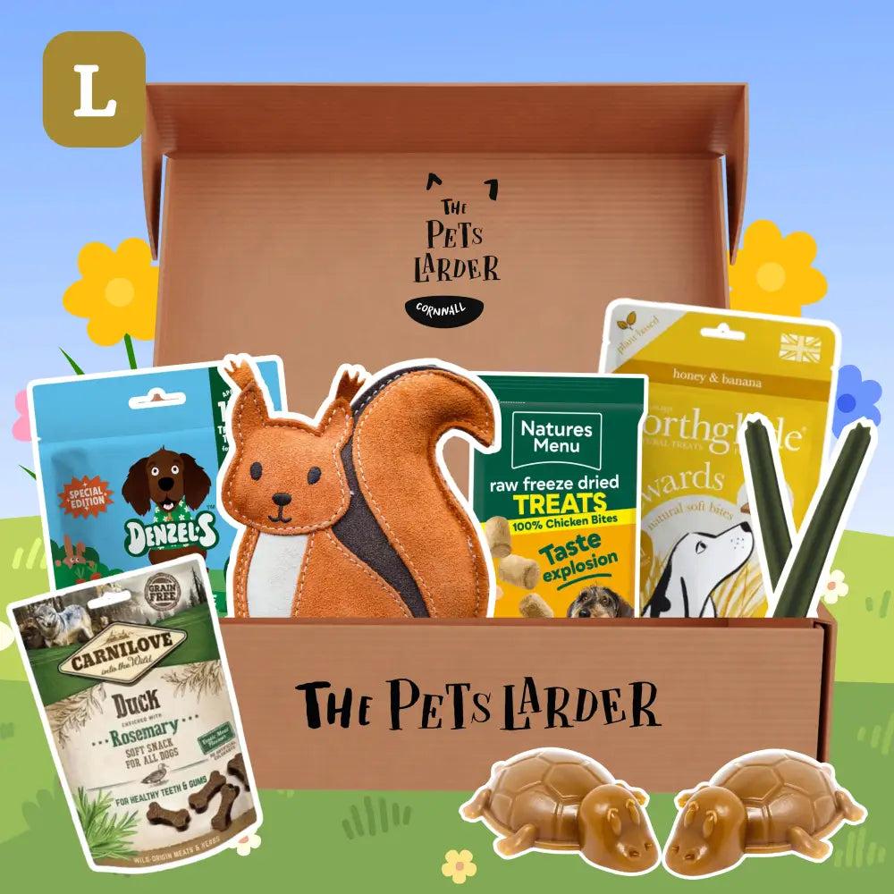 Brown suede squirrel toy with black stitches in Pets Larder dog box