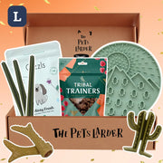 Minty fresh green dog chew sticks in white pouch with cartoon dog for The Pets Larder subscription box
