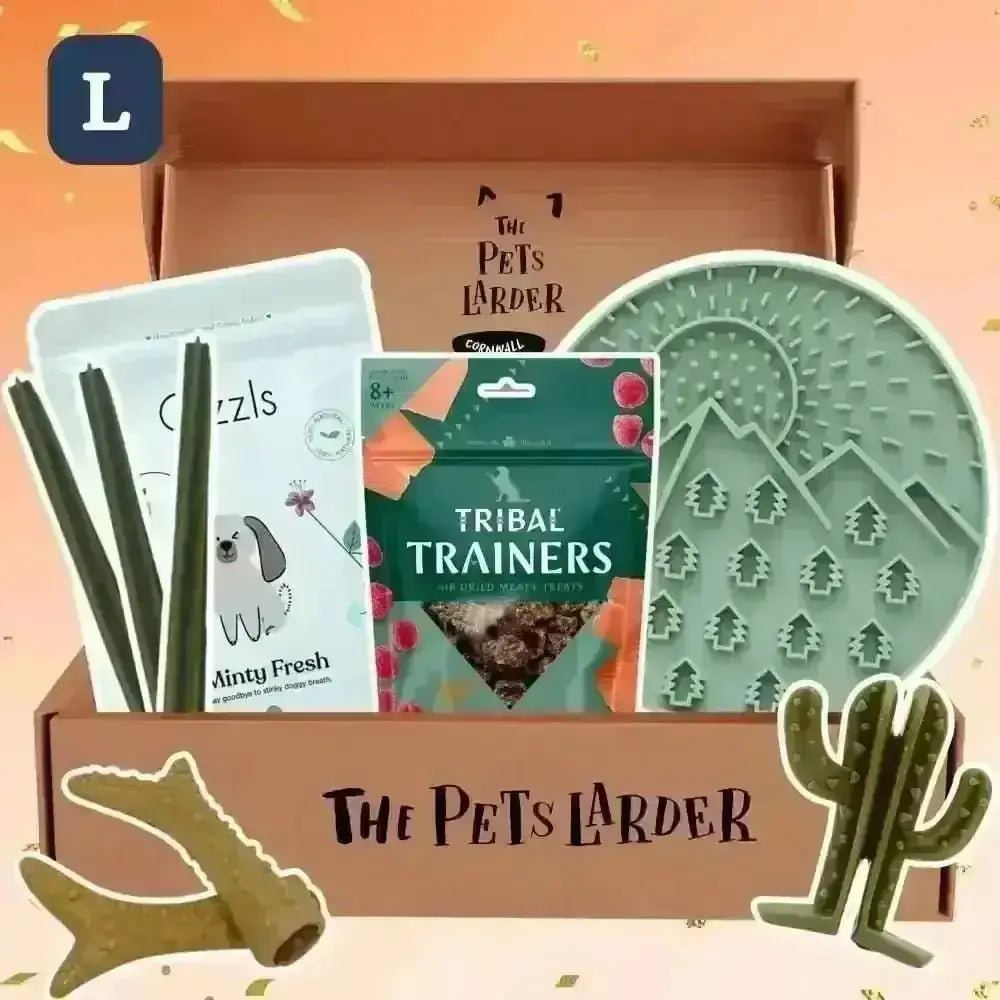 Minty fresh green dog chew sticks in white pouch with cartoon dog for The Pets Larder subscription box