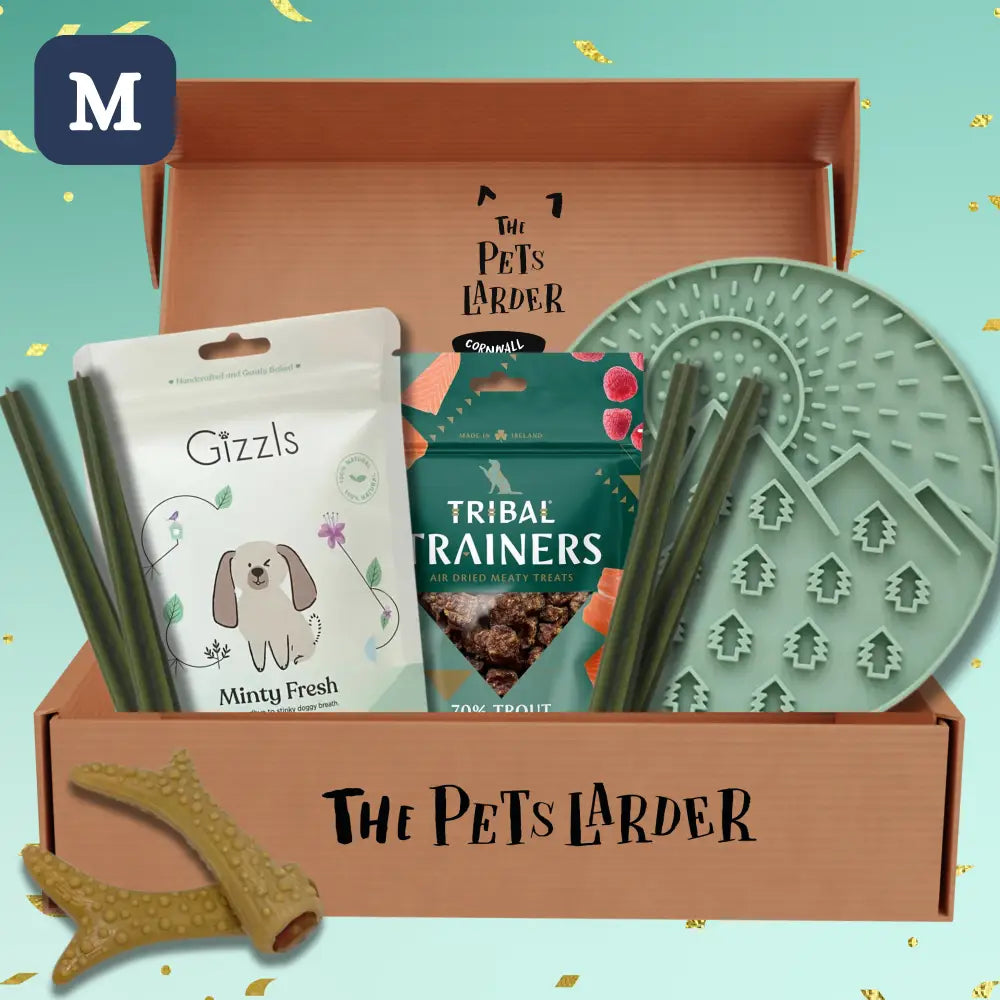 The Pets Larder monthly dog treat box with gizzls minty chews and skeleton joe toys