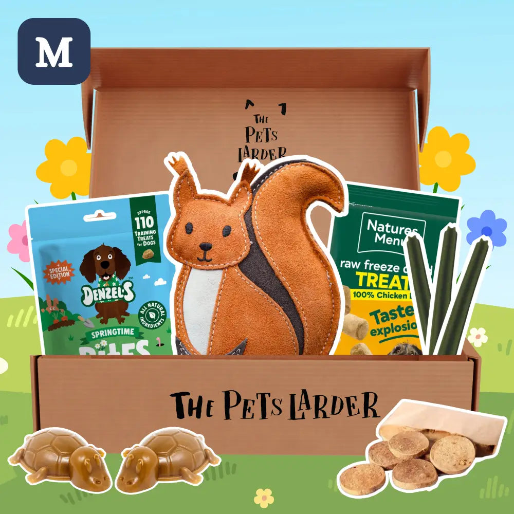 Orange and white plush squirrel treat holder in The Pets Larder box