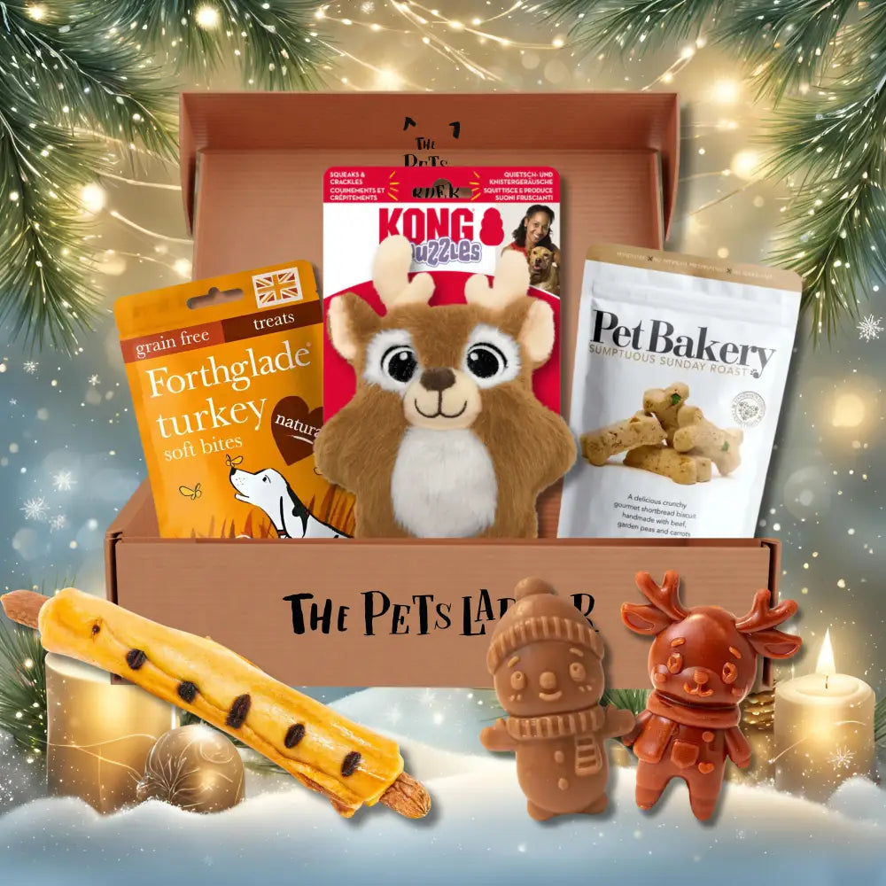 Brown plush reindeer toy with antlers in The Pets Larder box