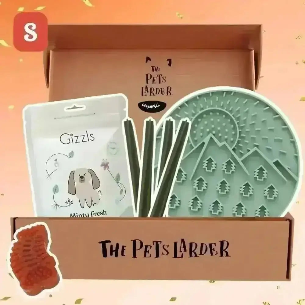 Pets Larder monthly box with minty gizzls treats and green chews