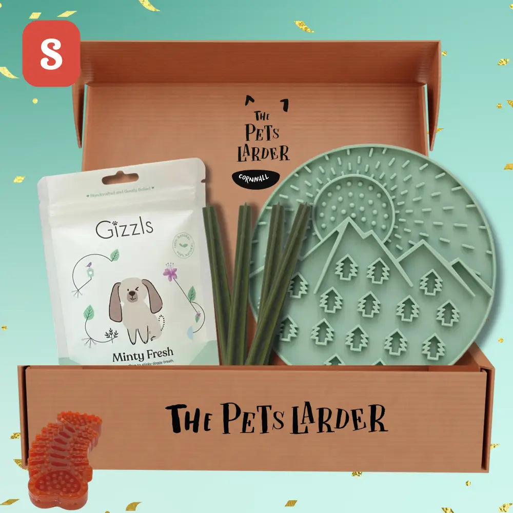 Pets Larder monthly dog treat box with minty fresh gizzls, chew sticks, dental mat