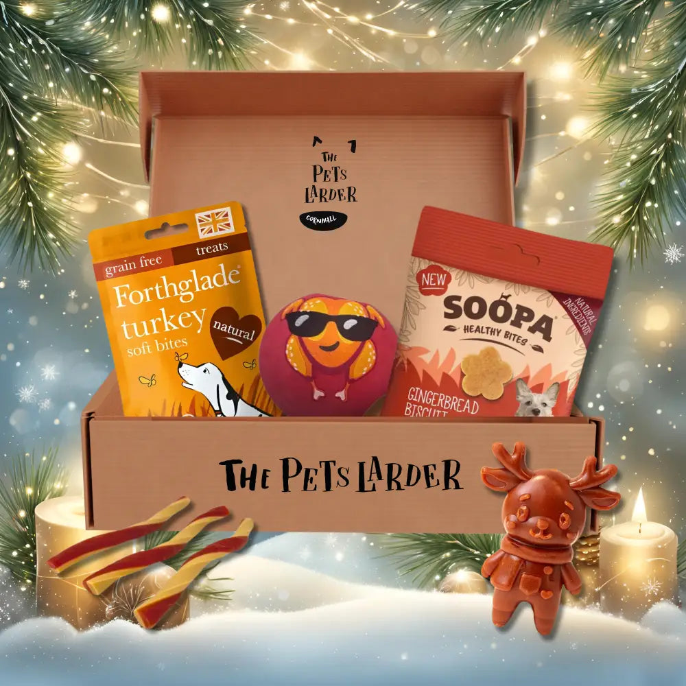 Pets Larder Monthly Brown Cardboard Dog Treat Box with Holiday Decor and Reindeer