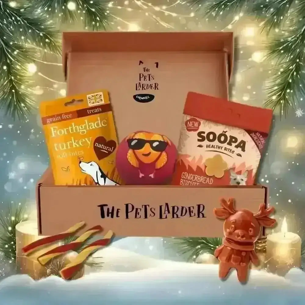 Pets Larder Monthly Brown Cardboard Dog Treat Box with Holiday Decor and Reindeer