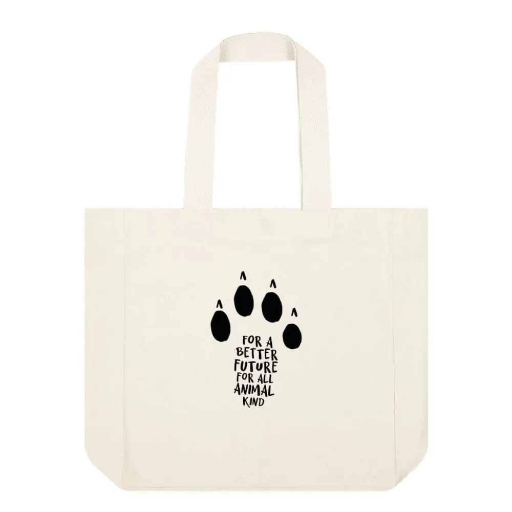 Natural-colored organic cotton shopper bag with black paw print design