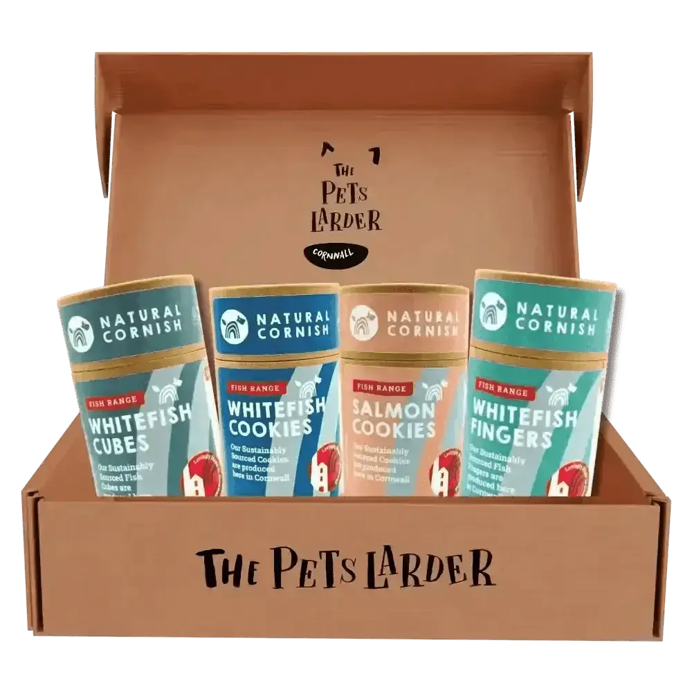 Pets Larder x Cinnamon Trust box with whitefish treats and potato cookies