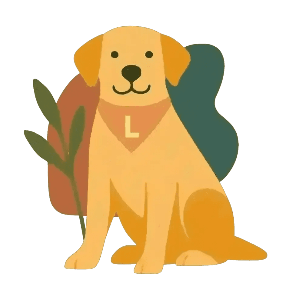 Personalised abstract framed print of golden retriever breed fur colour with orange bandana colour and green backpack