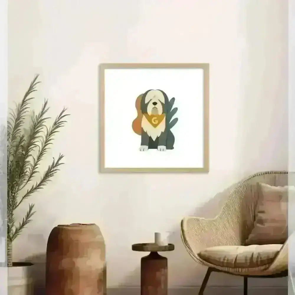 Personalised abstract framed print of dog in breed fur colour with green orange accents, 20x20 inches