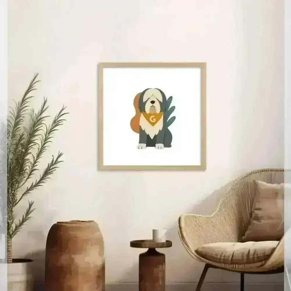 Personalised abstract framed print of dog in breed fur colour with green orange accents, 20x20 inches