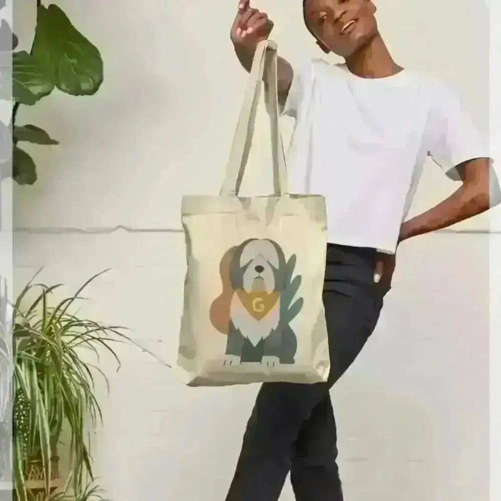 Personalised beige tote bag with cartoon dog, g monogram, certified organic cotton