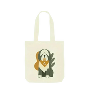 Personalised Pets Abstract Organic Tote Bag in certified organic cotton twill weave with cream fabric, illustrated dog, green leaf motif, and yellow bandana with letter g