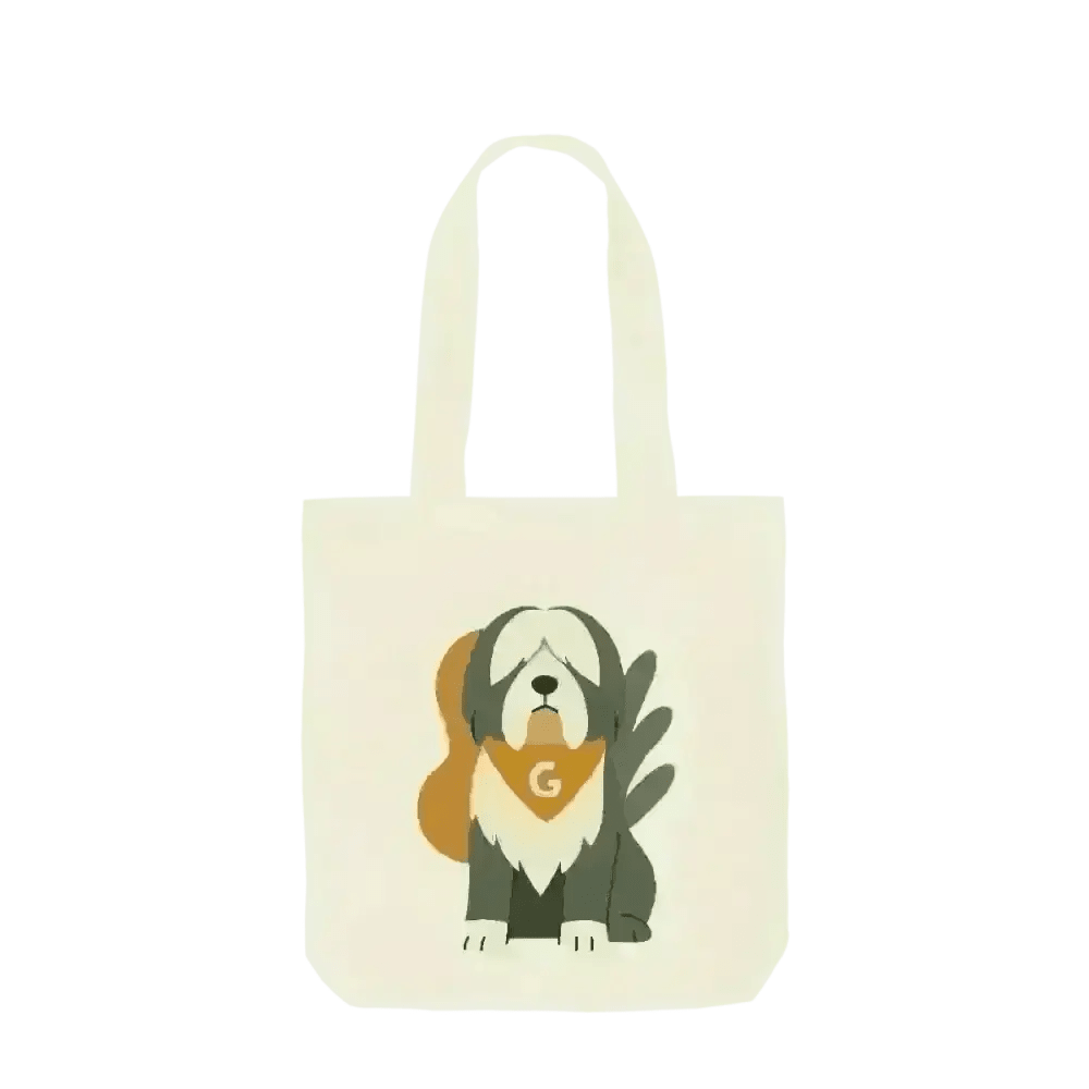 Personalised Pets Abstract Organic Tote Bag in certified organic cotton twill weave with cream fabric, illustrated dog, green leaf motif, and yellow bandana with letter g