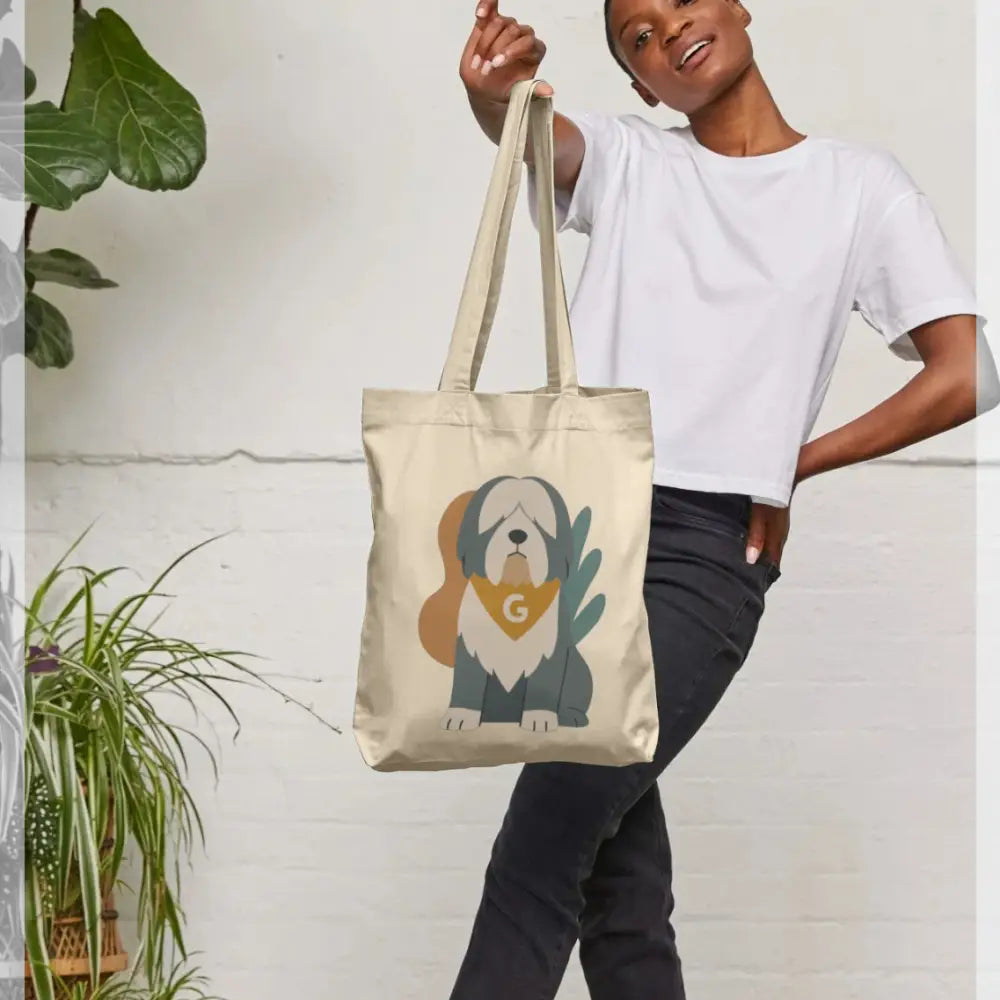 Personalised beige tote bag with cartoon dog, g monogram, certified organic cotton