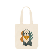 Personalised Pets Abstract Organic Tote Bag in certified organic cotton twill weave with cream fabric, illustrated dog, green leaf motif, and yellow bandana with letter g