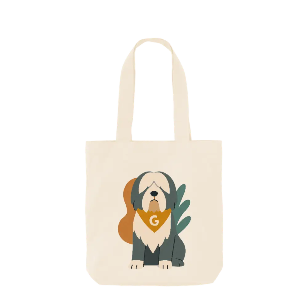 Personalised Pets Abstract Organic Tote Bag in certified organic cotton twill weave with cream fabric, illustrated dog, green leaf motif, and yellow bandana with letter g