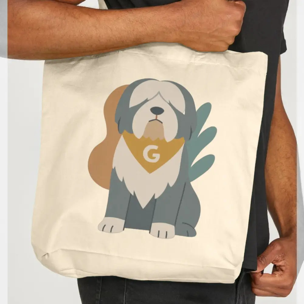 Cream Tote Bag with Cartoon Dog, Green Leaf, Certified Organic Cotton