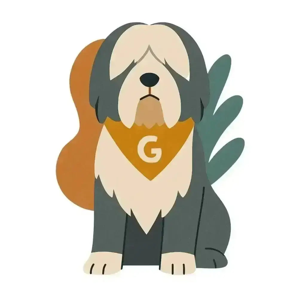 Brown and white dog in orange bandana with g logo on certified organic cotton tote