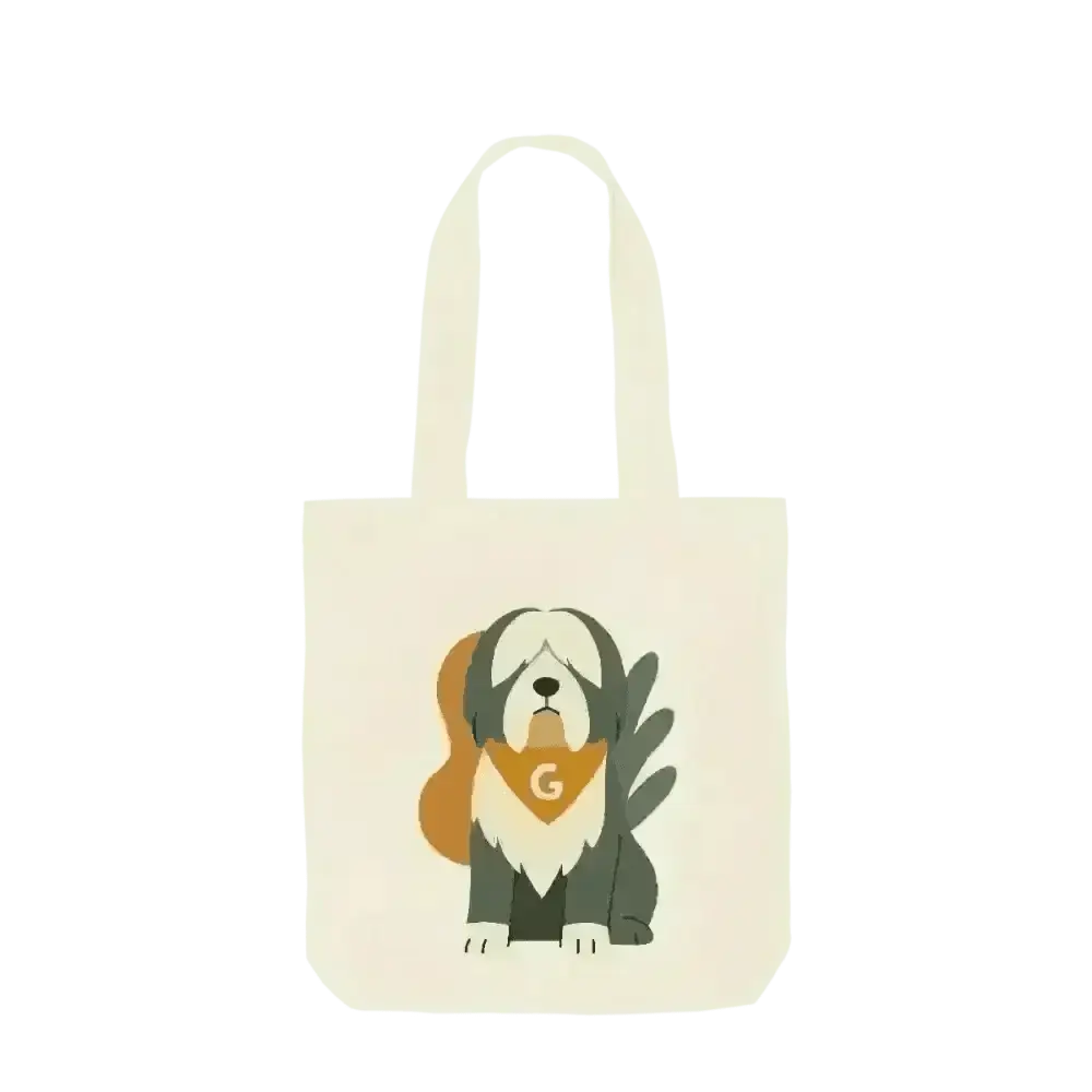 Personalised Pets Abstract Organic Tote Bag in certified organic cotton twill weave with cream fabric, illustrated dog, green leaf motif, and yellow bandana with letter g