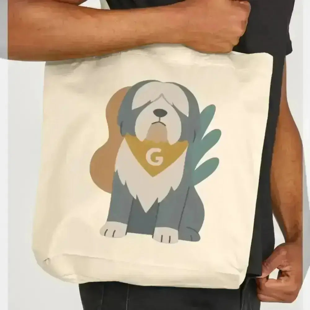 Cream Tote Bag with Cartoon Dog, Green Leaf, Certified Organic Cotton