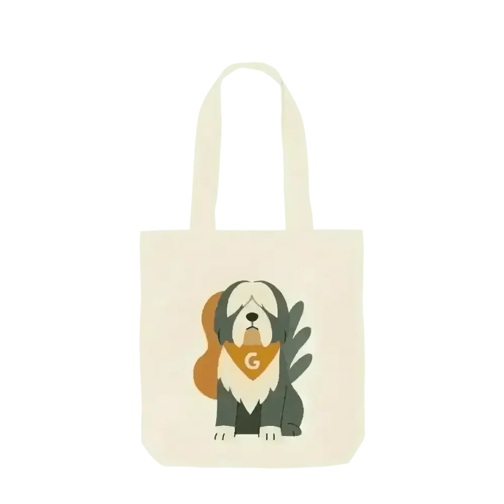 Personalised Pets Abstract Organic Tote Bag in certified organic cotton twill weave with cream fabric, illustrated dog, green leaf motif, and yellow bandana with letter g