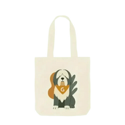Personalised Pets Abstract Organic Tote Bag in certified organic cotton twill weave with cream fabric, illustrated dog, green leaf motif, and yellow bandana with letter g
