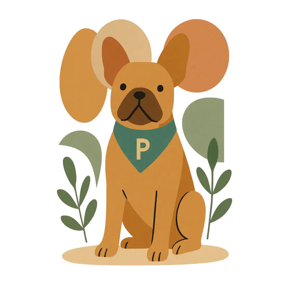 Tan French Bulldog plush toy with green bandana and P on organic cotton tee