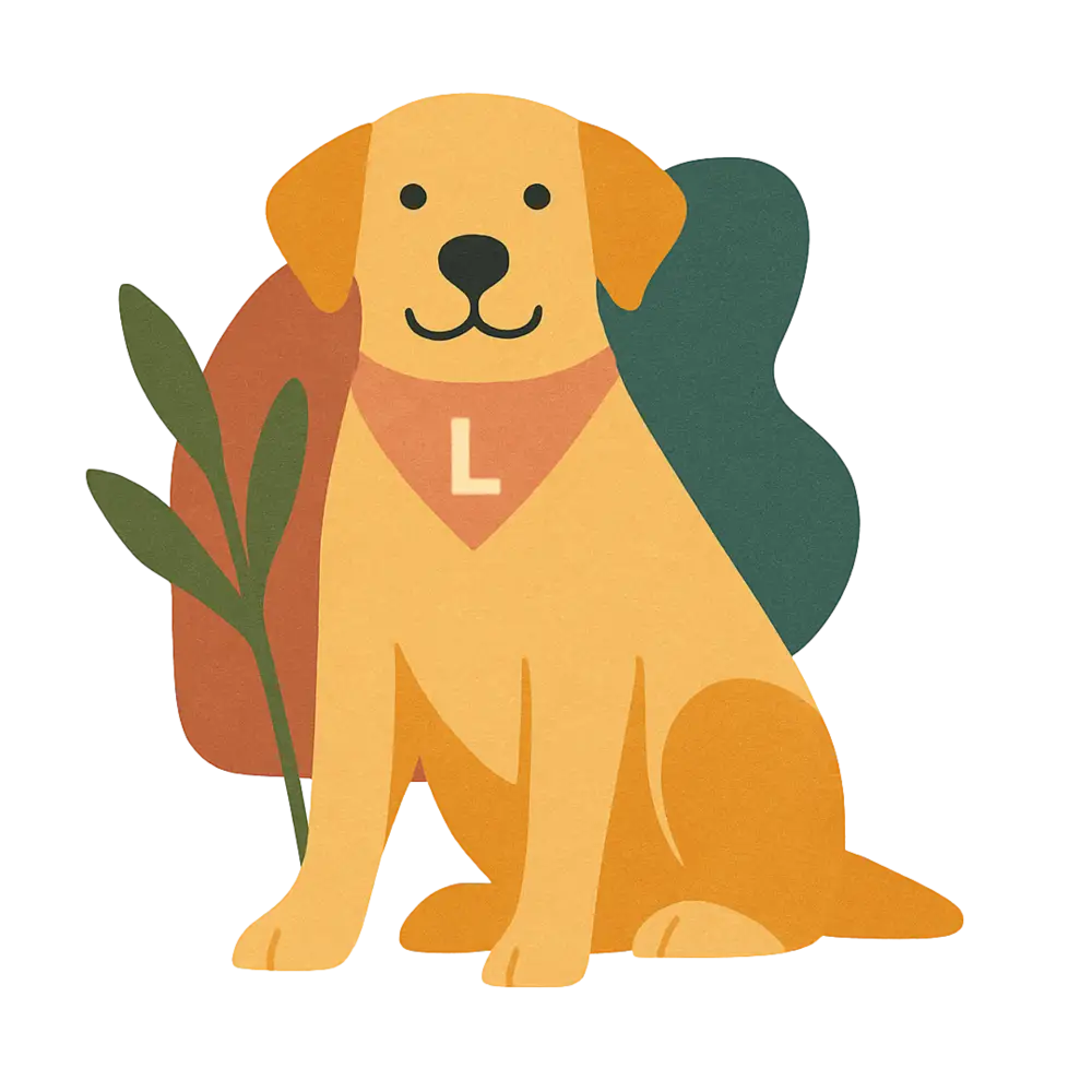 Golden Retriever plush toy with green backpack, orange scarf and L, on organic cotton tee