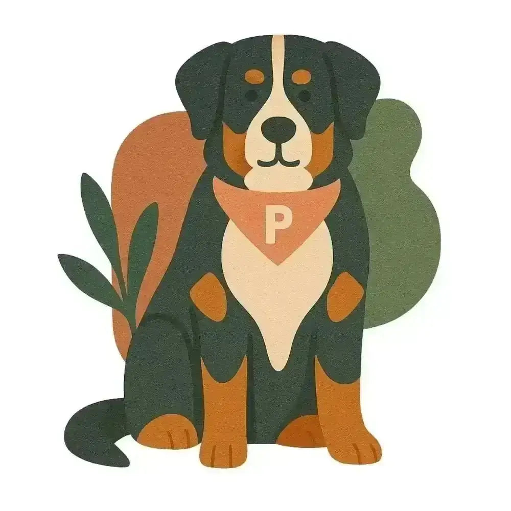 Brown and black dog with orange P collar on organic cotton tee