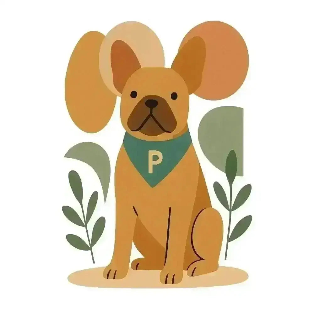 Tan French Bulldog plush toy with green bandana and P on organic cotton tee