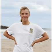 White organic cotton t-shirt with elephant graphic for dogs breed