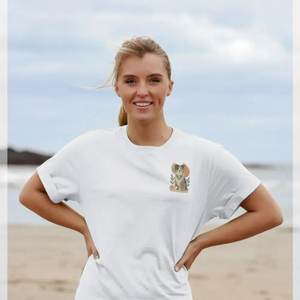 White organic cotton t-shirt with elephant graphic for dogs breed