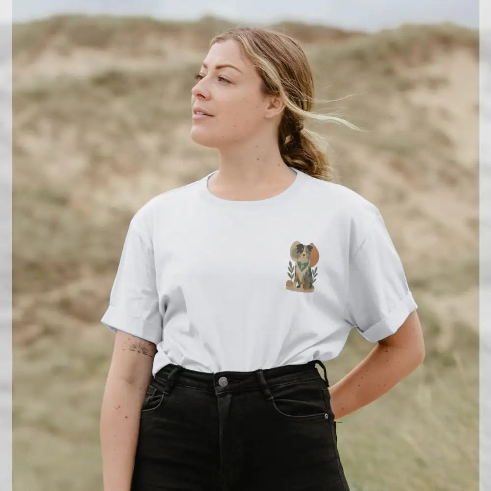 White organic cotton tee with elephant graphic, paired with black jeans