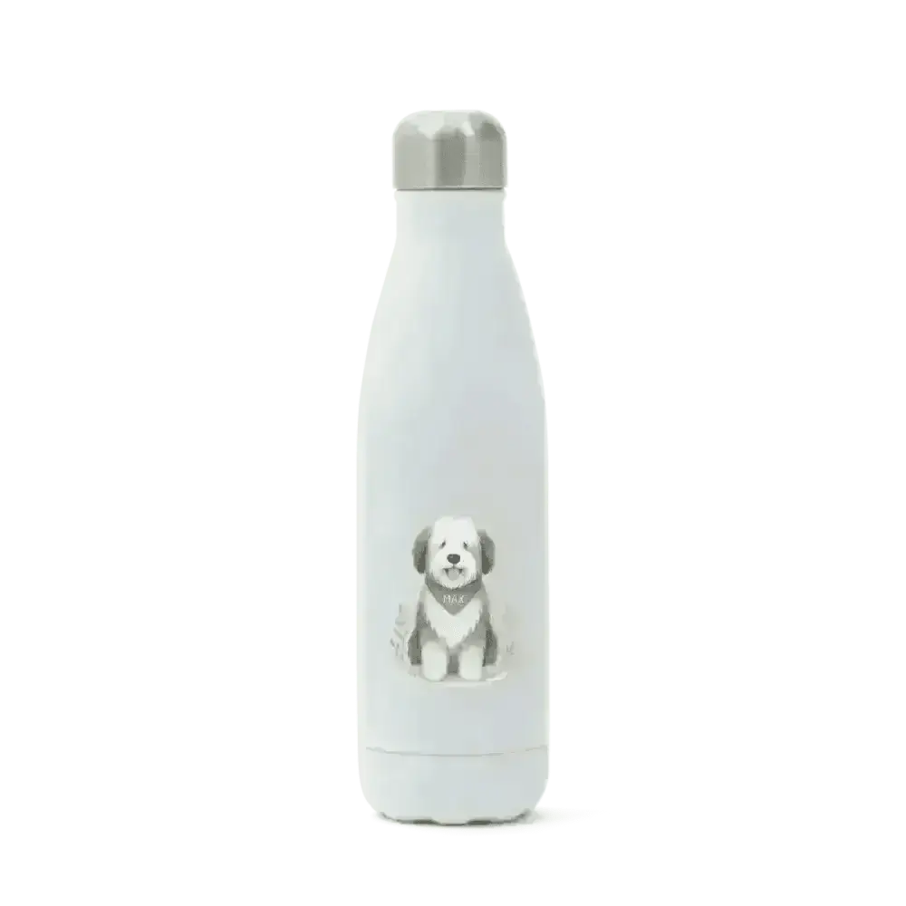 Pets personalised insulated white water bottle with dog design, high-grade stainless steel