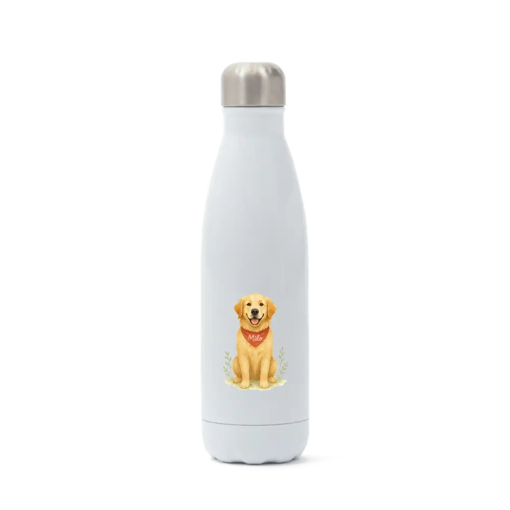 Pets personalised insulated water bottle with golden retriever design