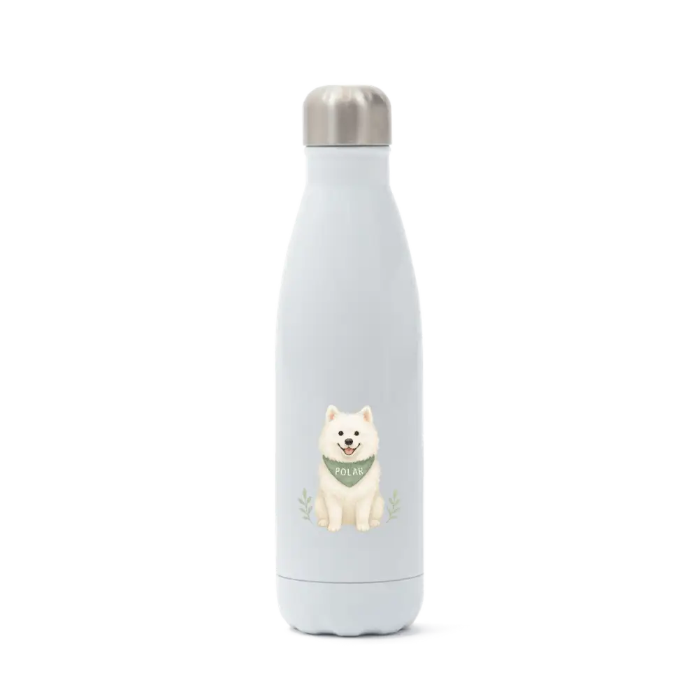 Pets personalised insulated white water bottle with dog design
